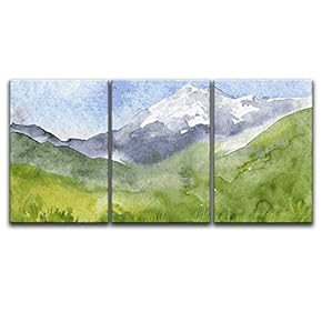 3 Panel Canvas Wall Art - Watercolor Style Mountain Valley in Spring - Giclee Print Gallery Wrap Modern Home Art Ready to Hang - 16"x24" x 3 Panels