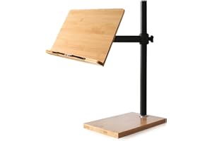 wishacc Book Stand Height Adjustable - Upright Bamboo Book Stand & Holder for Reading Hands Free, Desktop Adjustable Reading Height and Angle Book Rest with Page Clips (11.0 x 8.1 inches)