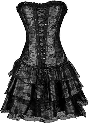 Pandolah Sexy Lingerie Fashion Lace up Corset Bustier Tutu Petticoat Skirt (US Size 10-12 (2XL), 630Black)