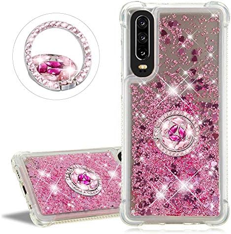 YiCTe Glitter TPU Case for Huawei P30 Lite, Flowing Floating Quicksand Sparkle Luxury Bling with Ring Kickstand Shockproof Gomma Silicone Protective Cover,Rose Gold