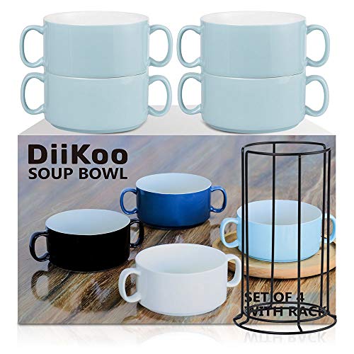 DiiKoo Soup Bowls with Handles and Bracket 20 Oz,Ceramic Serving Soup