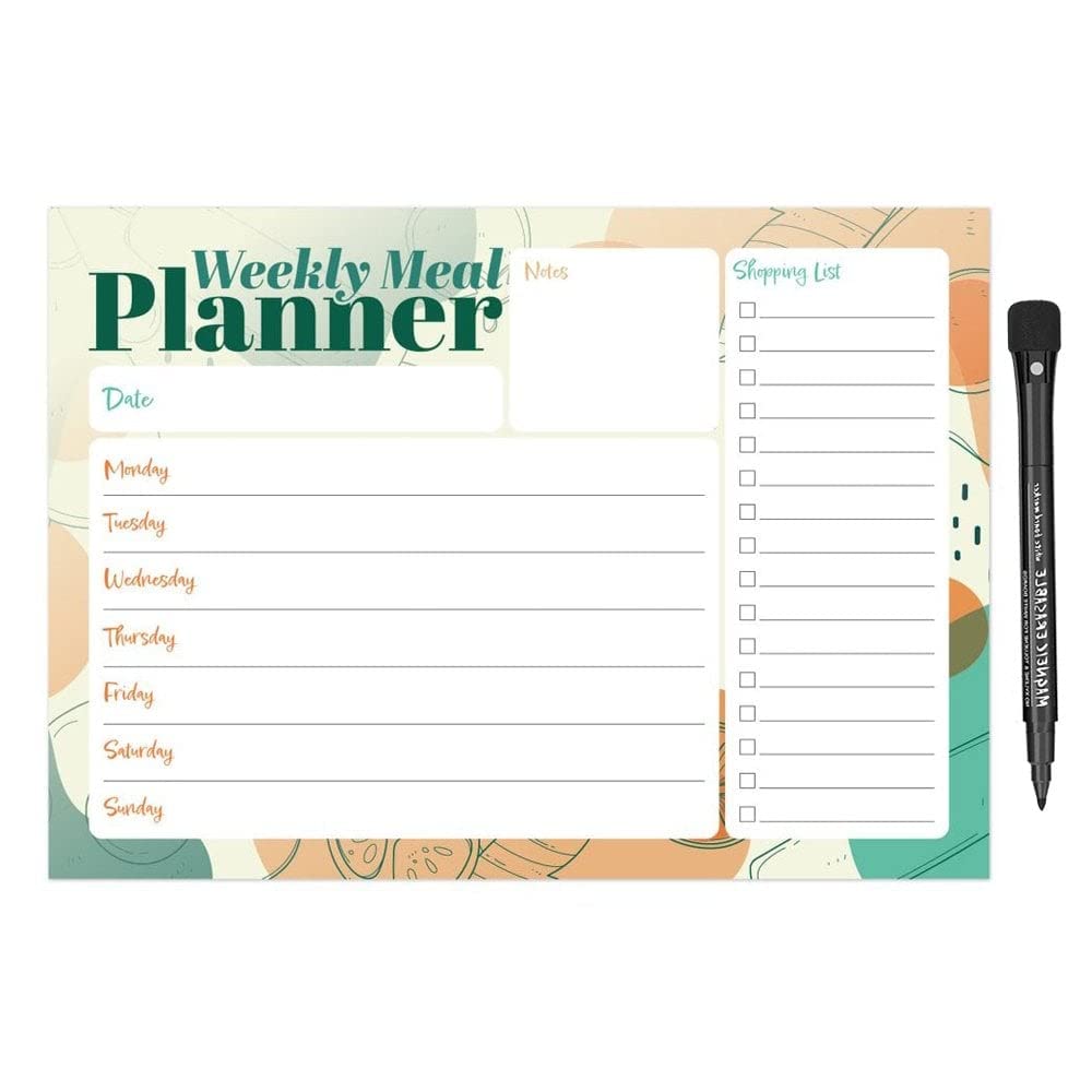 Magnetic A4 Weekly Meal Planner and Shopping List for Fridge, Whiteboard or Office with Dry Erase Abstract Design - Get Organised and Reduce Stress