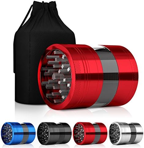 Aluminum Grinder, 4 Piece Crusher with Sharp Teeth, Filter, &amp; Scraper, Size Adjustable, Grind &amp; Crush Herbs/Spices/Tobacco - Red Color