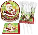 Christmas Party Supplies – Serves 24 – Includes Plates, Knives, Spoons, Forks, Cups and Napkins. Perfect Xmas Party Pack for Santa Christmas Themed Parties.
