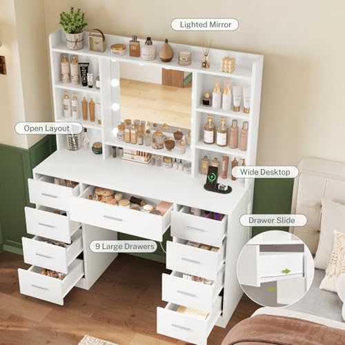 TEENFON 9 Drawers Vanity Desk with Large Mirror and 10 Lights, Makeup Vanity with Power Outlet & 9 Open Storage Shelves, 3 Lighting Modes Brightness Adjustable for Bedroom, White