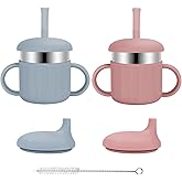 EsOfficce Baby Sippy Cups, 7.4 Oz 3 Stages Training Straw Cups for Infants Toddlers 6-12 Month and Kids 1-3 Year, Stainless Steel Kid Cups with Silicone Straws (Coral + Blue)