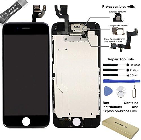 ElecAir 5.5 inch LCD Screen Display Touch Digitizer Frame Assembly for iPhone 6 Plus White Replacement &amp; Tools,Preinstalled Front Camera,Ear Speaker,Approximity Sensor,3D Touch, Free Protector (Black)