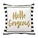 Hello Gorgeous Black and White Gold Glitter Stripes Throw Pillow Cover For Living Room, Sofa, Etc