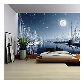 Beautiful Landscape of Yacht Harbor at Night, Full Moon, Marina in Bright Moonlight - Removable Wall Mural | Self-Adhesive Large Wallpaper - 66x96 inches