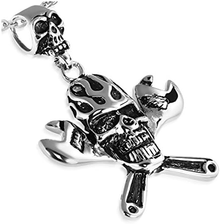 NRG 316L Jewelry Stainless Steel 2-tone Pirate Skull Cross Wrenches Biker Pendant