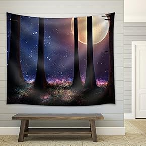 Tall Trees of a Forest Illuminated with a Big Full Moon - Fabric Wall Tapestry Home Decor - 51x60 inches