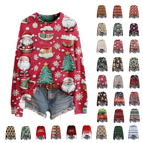 Christmas Jumpers for Women Cute Christmas Sweaters for Women Season Sweatshirt Graphic Print Long Sleeve Knit Pullover Tops Top Ladies Xmas Sweater Warm Long Sleeve Festive Sweaters v Neck Jumper