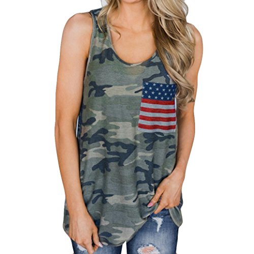 Besooly Women American Flag Tanks, Flag Print Camouflage Tops Vest Sleeveless T-Shirt Blouse (L, Green) - Thumbnail 6