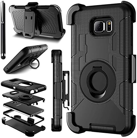 Galaxy S7 Edge Holster Case, Hybrid Dual Layer Combo Armor Heavy Duty Rugged Protective Case with Built-in Rotating Kickstand Swivel Belt Clip Holster for Galaxy S7 Edge (Black) USA Seller