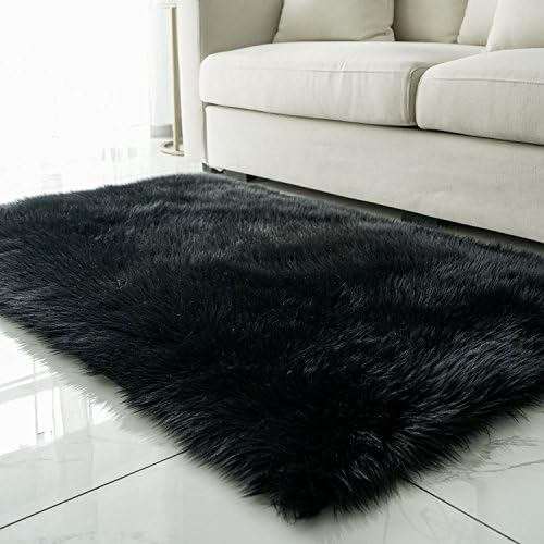 Faux Sheepskin Fur Area Rugs for Bedroom, Luxury Fluffy Mat Plush Sofa Cover Seat Pad for Bedroom - 3ft x 5ft, Black