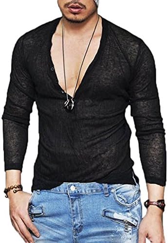 Simbama Men's Sexy See Through T Shirt Mesh Henley Shirt Deep V Neck Undershirts Long Sleeve Clubwear