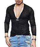 Coofandy Men's Sexy See Through T Shirt Mesh Henley Shirt Deep V Neck Undershirts Long Sleeve Clubwear, Black, Medium