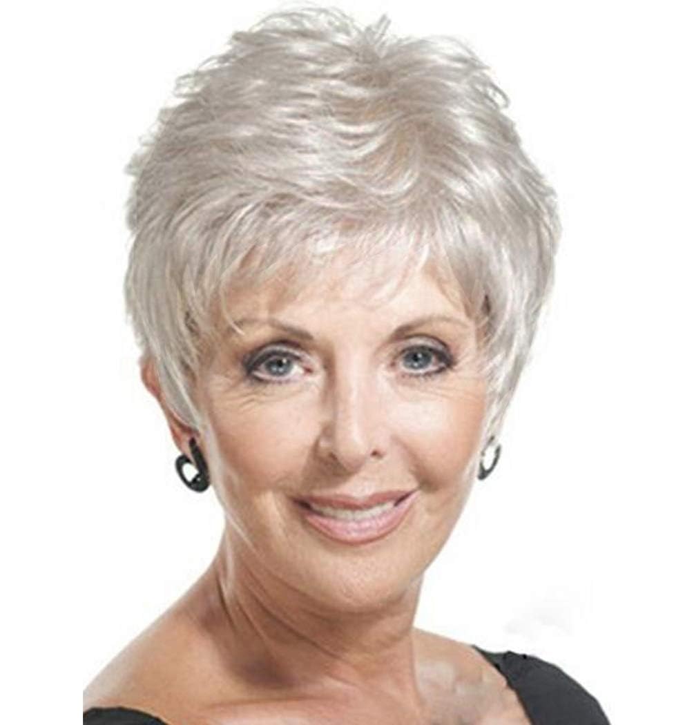 Royalfirst Short Pixie Silver White Wig Synthetic Fiber Hair Wigs for Women Ladies Mother Grandmother Grandma Queen Daily Cosplay Party Gift