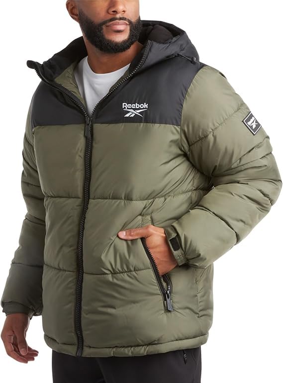 Photo 1 of Reebok Mens Winter Jacket - Warm Heavyweight Mens Winter Coat - Wind Water Resistant Insulated Quilted Puffer Jackets for Men, Size Medium, Olive