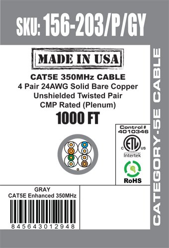 Vertical Cable CAT5E, 350 MHz, UTP, 24AWG, 8C Solid Bare Copper, Plenum, 1000ft, Gray, Bulk Ethernet Cable - Made in USA