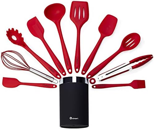 Oxinart 11 Piece All-in-one Silicone Kitchen Utensils Set with Holder. Cooking Utensils Set. Free eBook. (Red)