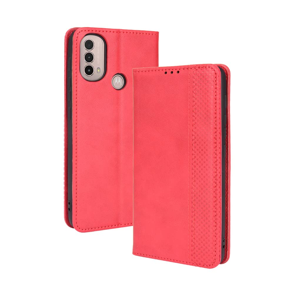 GOKEN Leather Folio Case for Motorola Moto E20, Magnetic Closure Full Protection Book Style Wallet Flip Cover with [Kickstand] and [Card Slots], PU/TPU Case Phone Shell (Red)