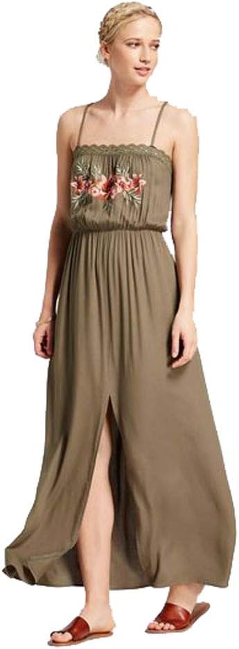 Xhilaration Women's Strappy Embroidered Top Maxi Dress w/Slit (Olive, S)