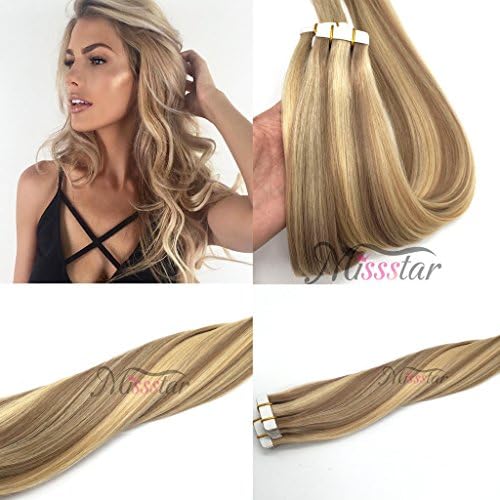 Misstar 40pcs/100g Balayage Ombre Tape in Hair Extensions Highlighted Dark Ash Blonde Real Remy Human Hair Extensions 16inches