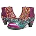 socofy Block Heel Ankle Booties,Women's Bohemian Splicing Pattern Side Zipper High Block Heel Ankle Leather Boots