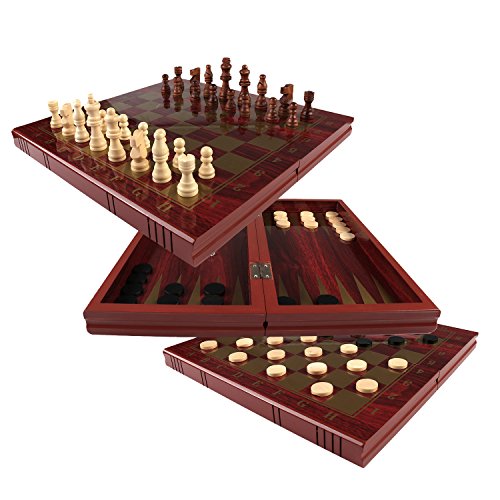 Travel Chess Checkers Backgammon Set with Folding Carrying Case for Beginners (Brown) - Thumbnail 2