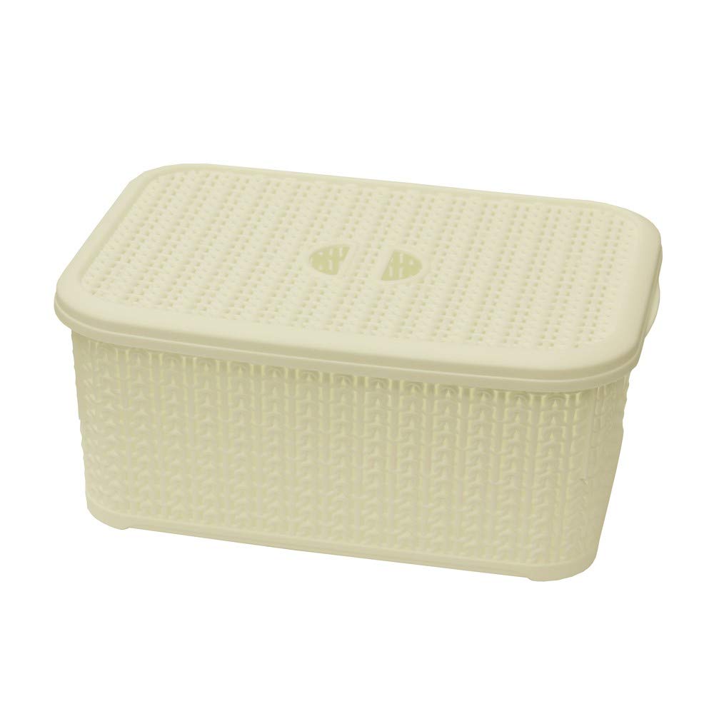 JVL Knit Design Loop Plastic Lidded Rectangular Storage Basket with Handles - 6 Litres, White, white, 13-356WH