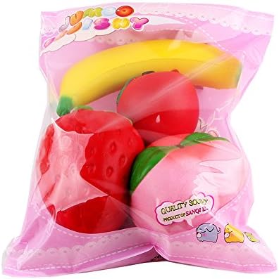 Aigogo Slow Rising Jumbo Fruits Food Squishy Squishies Cute Kawai Soft Toys Stress Relief(Banana, Apple, Peach, and Strawberry)(Pack of 4)