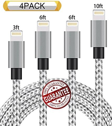 Zcen Lightning Cable 4Pack 3FT 6FT 6FT 10FT Nylon Braided Certified iPhone Cable USB Cord Charging Charger for Apple iPhone X,8, 7, 7 Plus, 6, 6s, 6+, 5, 5c, 5s, SE, iPad, iPod, iPod Touch Grey White