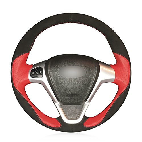 MEWANT 3D Design Customized Red Microfiber Leather Black Suede Car Steering Wheel Cover for Ford Fiesta 2008-2013 Ecosport 2013-2016 (Fit for Steering Wheel Top and Bottom Rubber + Both Sides Leather)