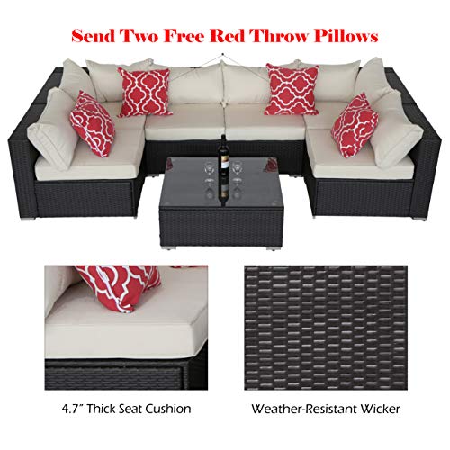Do4U Patio Sofa 7-Piece Set Outdoor Furniture Sectional All-Weather Wicker Rattan Sofa Beige Seat & Back Cushions, Garden Lawn Pool Backyard Outdoor Sofa Wicker Conversation Set (Beige)