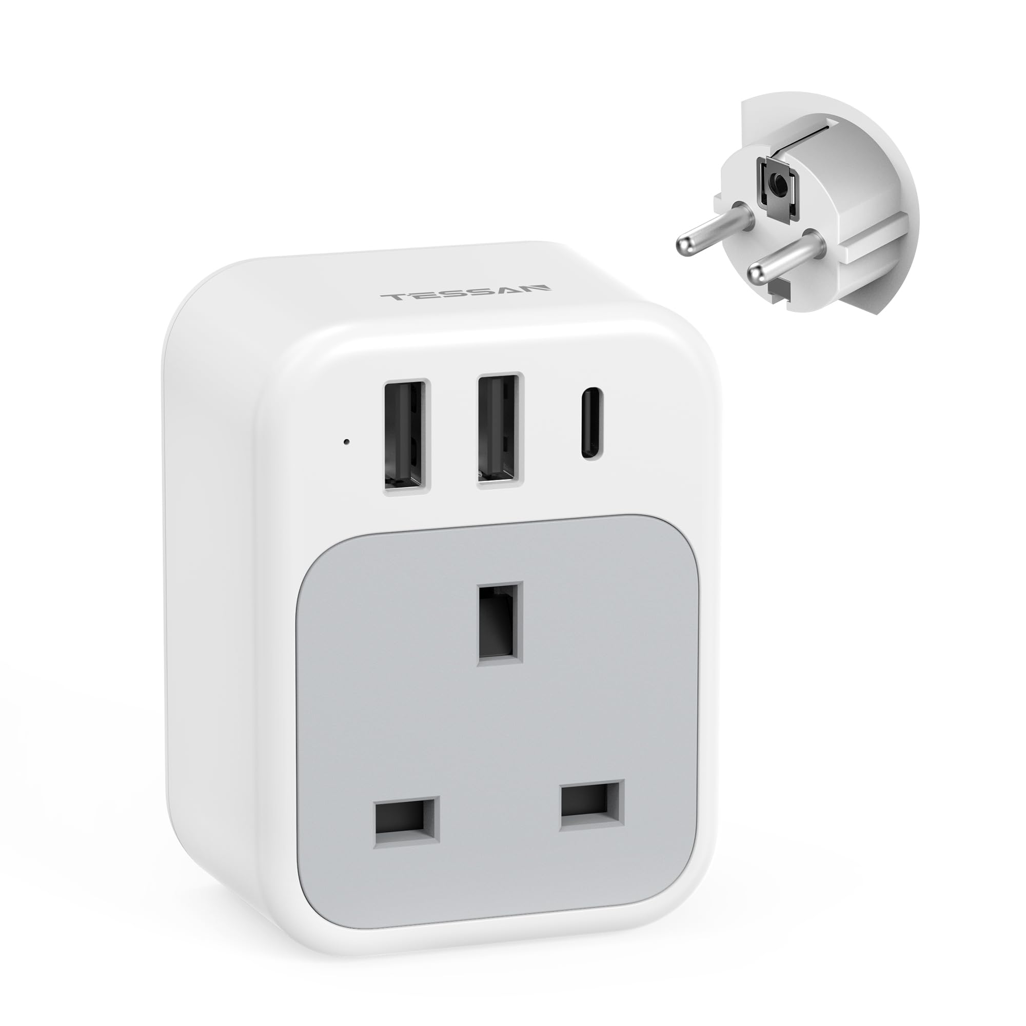 UK to European Plug Adapter, EU Travel Adaptor with 3 USB, TESSAN Euro Europe Grounded Plug Adapter for Germany France Iceland Poland Spain Russia and More (Type E F) Not Include Italy