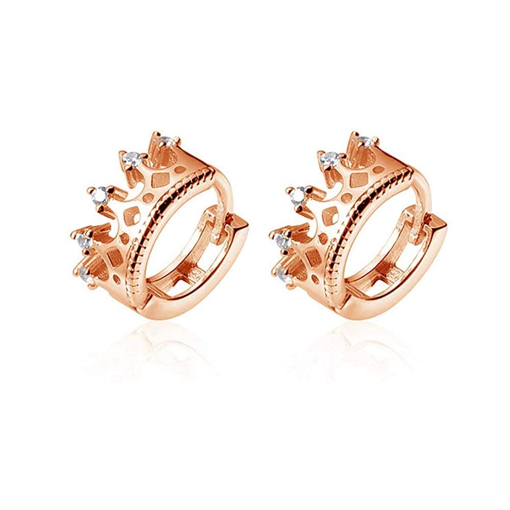 CZ Princess Crown Cubic Zirconia Small Hoop Earrings for Women Teens Baby Girls 925 Sterling Silver Dainty Cute Tiny Huggie Hinged Hoops Tragus Pose Pin Hypoallergenic Earrings Jewelry (Rose Gold)
