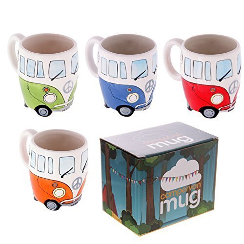 Set of 4 Camper Van Mugs, Hand Painted Blue, Red, Orange & Green