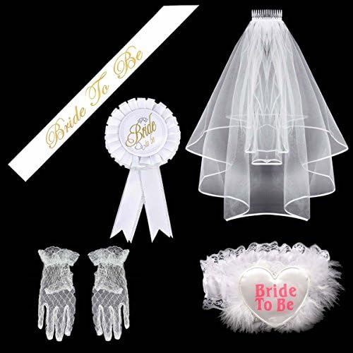 Bachelorette Sash &amp; Veil,Mofawo Bride To Be Decoration Set for Bachelorette Party Supply(White Ribbon Edge Center,Bride To Be Satin,Bridal Badge and Garter,Bridal Wedding Veil with Comb) (Ｍ)