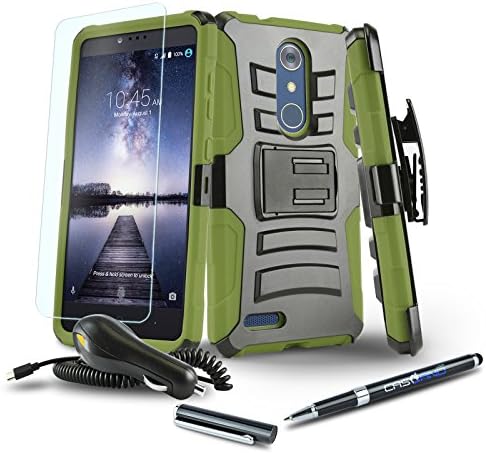 [ZTE Blade X Max] Case [Bundle][Refined Series][Army Green] Phone Cover [Kickstand][Swivel Belt Clip Holster] with Car Charger, Screen Protector and CaselandUSA 2-in-1 Ball/Stylus Pen (Army Green)