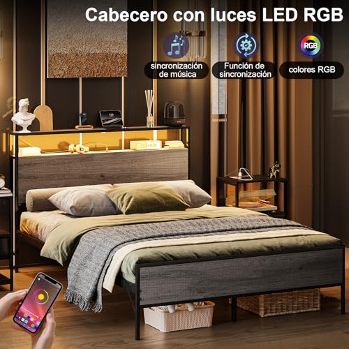 Simple Wisdom Cama Matrimonial 1.4 M con Base y Cabecero de Almacenamiento, 2 Salidas de Carga y 2 Puertos USB y Luces LED(Gris)