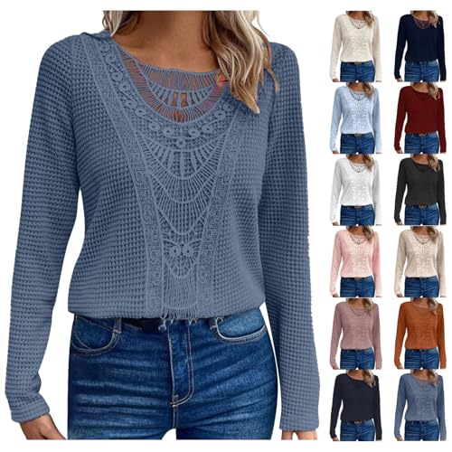 Autumn Clothing Long Sleeve Tops Women UK Elegant Dressy Lace Tunic Blouse Plain Waffle Tshirts Loose Casual Sweatshirts Crewneck Pullover Tops Ladies Work Officce Tee Shirts (B-Blue, XL)
