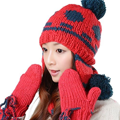 JIANCHIJY Korean-Style Ladies Hats Scarf Gloves Warm Hat Scarf Gloves Three Piece Suit-C One Size