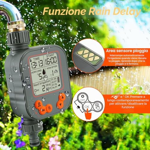 Battery Powered Irrigation Programmer, Irrigation Timer with Rain Sensor and 8 Separate Watering Modes Automatic/Manual Computer Irrigation for Garden, Lawn, Patio, Farm
