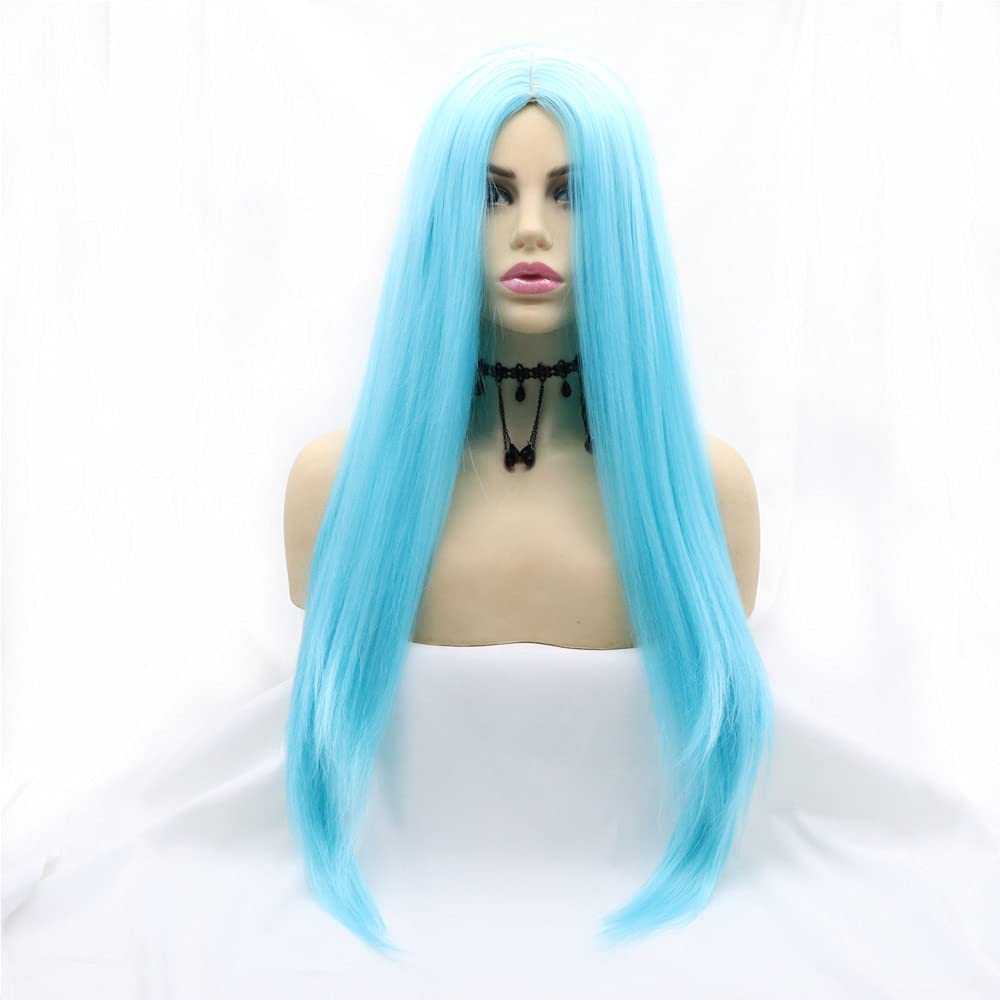 Xiweiya Wigs Long Straight Aqua Blue Synthetic Machine Made Wig Silky Full Heat Resistant Fiber Hair Middle Part Wig Free Wig Cap for Women 24 Inch for Family Makeup Party Cosplay…