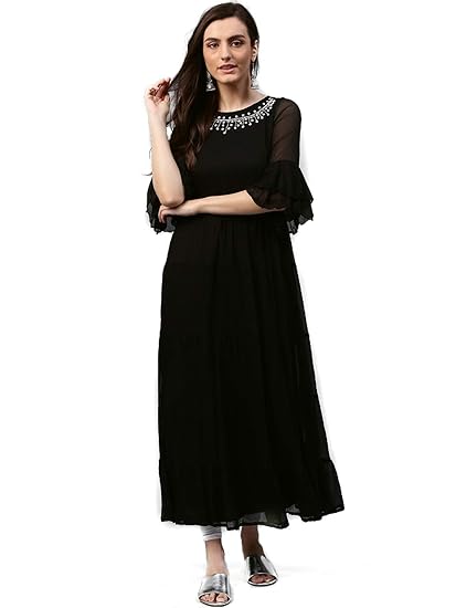 Women Rayon Stitched Hand Work Black Kurti/Kurtis for women
