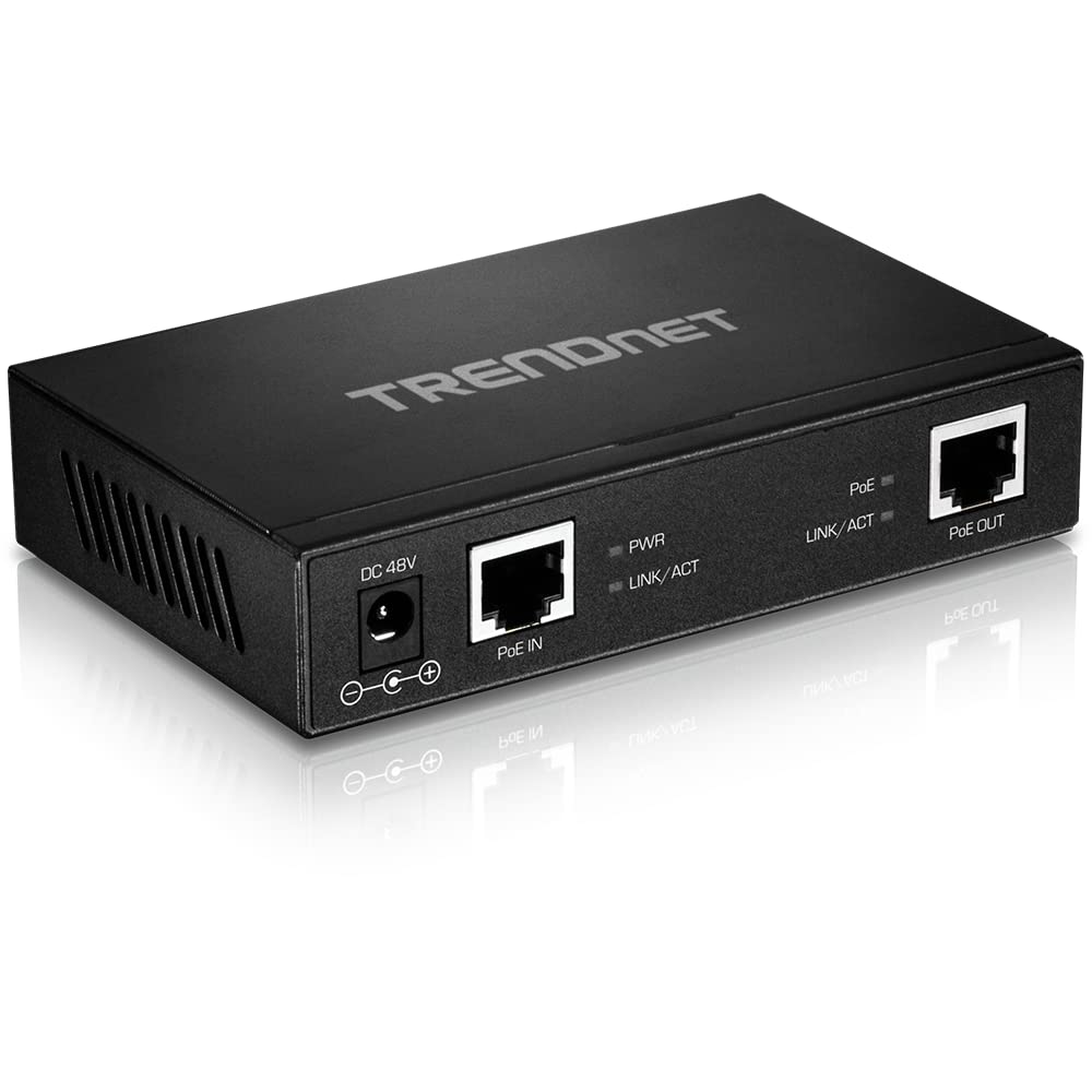 TRENDnet Gigabit PoE+ Repeater/Amplifier, TPE-E110, Extender, 1 x Gigabit PoE+ in Port, 1 x Gigabit PoE Out Port, Extends 100m for Distance Up to 200m (656 ft), Supports PoE (15.4W) & PoE+ (30W)