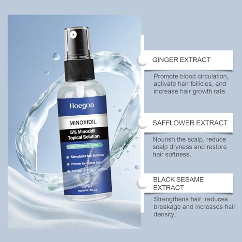 5% Minoxidil Spray for Men and Women Hair Growth – Hair Regrowth Serum with Ginger, Safflower and Black Sesame, Stop Hair Thinning and Hair Loss for Stronger Thicker Longer Hair, 60ml