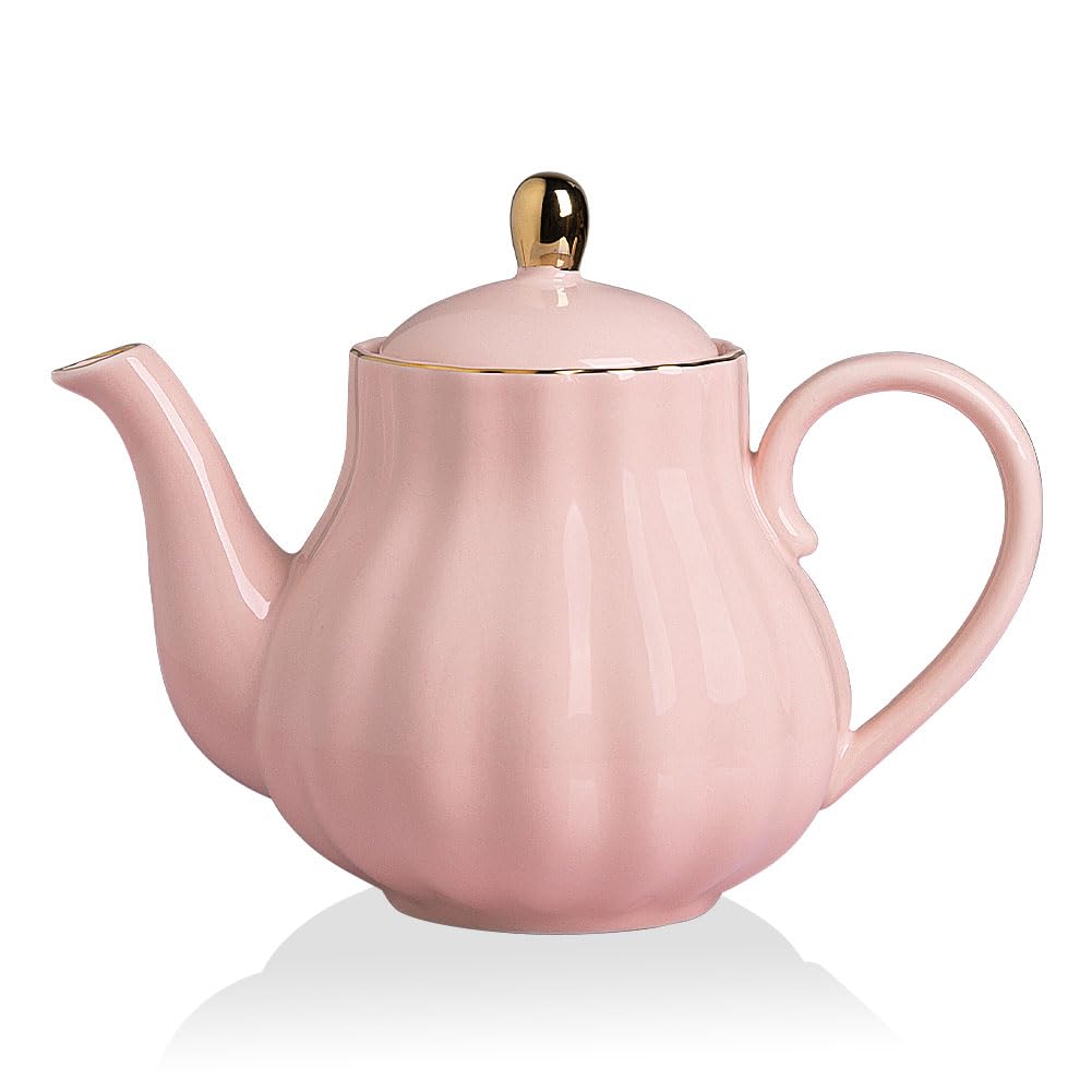 Sweejar Home Royal Teapot, Ceramic Tea Pot with Removable Stainless Steel Infuser, Blooming & Loose Leaf Teapot - (5-6cups) 1100 ml (Pink)