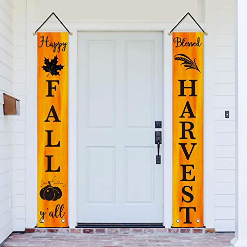 AVOIN Happy Fall Y'all Blessed Harvest Porch Sign Pumpkin Maple Leaf, Autumn Vintage Harvest Thanksgiving Hanging Banner Flag for Yard Indoor Outdoor Party 12 x 72 Inch